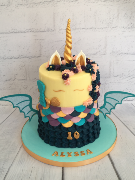Unicorn-dragon-and-mermaid-cake